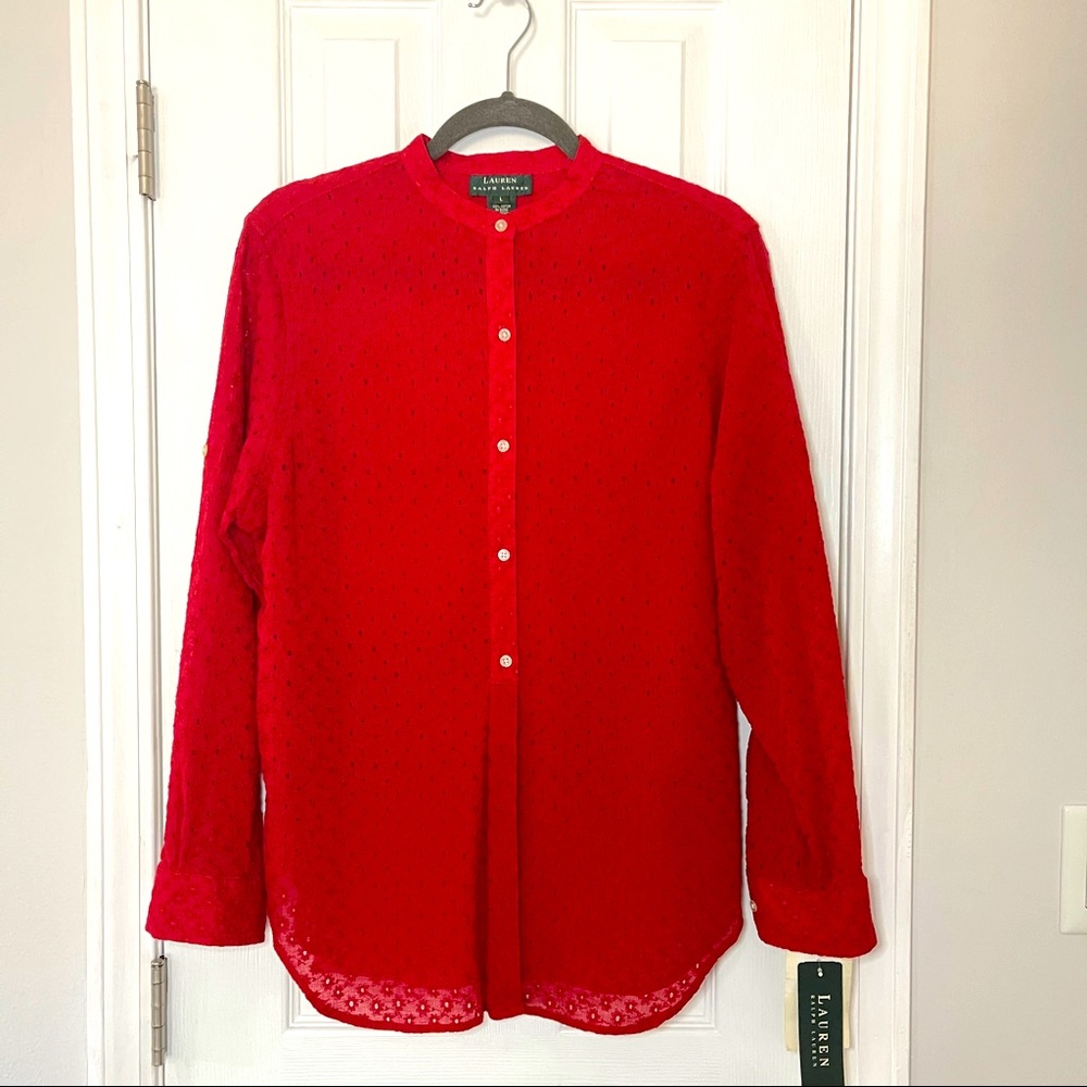 RALPH LAUREN jewel red long sleeve button blouse